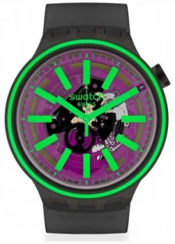 Swatch Pink TASTE Black Rubber Strap Purple/Green Dial Watch