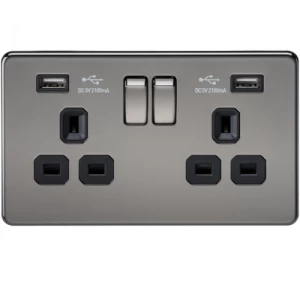 KnightsBridge 2G 13A Screwless Black Nickel 2G Switched Socket with Dual 5V USB Charger Ports - White Insert
