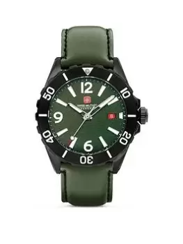Swiss Military Black Genuine Leather Strap Buckle Watch With Green Dial