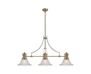 3 Light Telescopic Ceiling Pendant E27 With 30cm Bell Glass Shade, Antique Brass, Clear