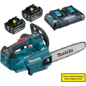 Makita DUC256 Twin 18v LXT Cordless Brushless Top Handle Chainsaw 250mm 2 x 6ah Li-ion Charger