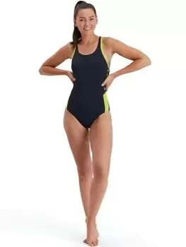 Speedo Boom Logo Splice Muscleback Swimsuit, Dark Blue, Size 30, Women