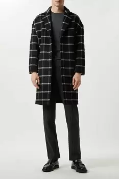 Mens Relaxed Fit Wool Checked Overcoat