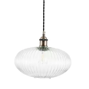 Clear Ribbed Glass with Antique Brass Oval Pendant Ceiling Light