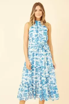 Blue Leaf Print Halter Neck Midi Dress