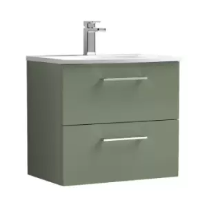 Arno Satin Green 600mm Wall Hung 2 Drawer Vanity Unit with 30mm Curved Profile Basin - ARN824G - Satin Green - Nuie
