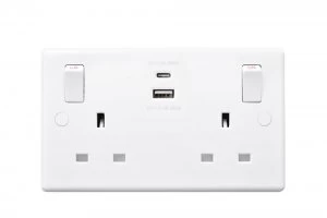 British General Round Edge 13A 2 Gang Switched Socket with 1x USB-A + 1x USB-C 4.2A - White