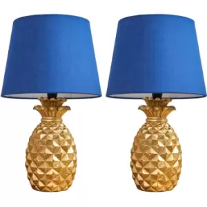Minisun - 2 x Pineapple Table Lamps in Gold With Tapered Shades - Navy Blue