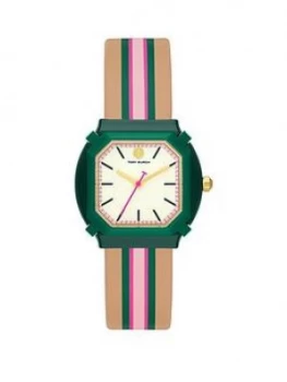 Tory Burch Tory Burch The Blake White Dial Brown Green Pink Stripe Leather Strap Watch
