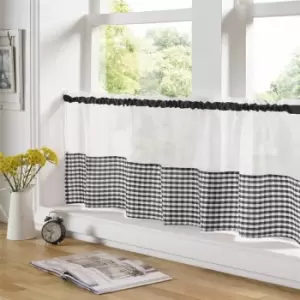 Gingham Ready Made Slot Top Voile Cafe Curtain Panel (59 x 18, Black) - Black