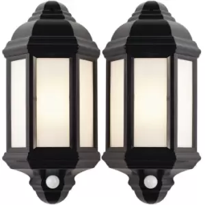 2 PACK IP44 Outdoor Wall Light Black Frosted Lantern Traditional PIR Motion Lamp
