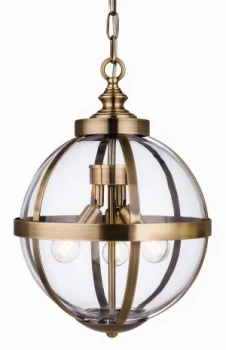 3 Light Cage Ceiling Pendant Antique Brass with Clear Glass, E14