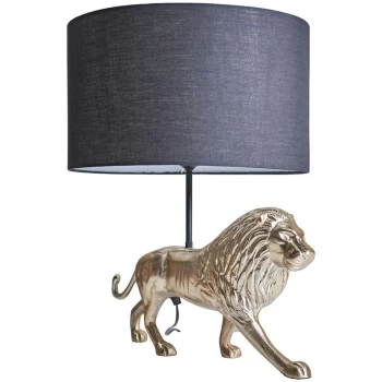 Brass Lion Design Table Lamp with Fabric Lampshade - Black