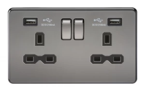 KnightsBridge 13A 2G Screwless Black Nickel 2G Switched Socket with Dual 5V USB Charger Ports - Black Insert