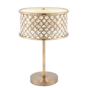 2 Light Table Lamp Antique Brass, Crystal (K9) Drops, E14