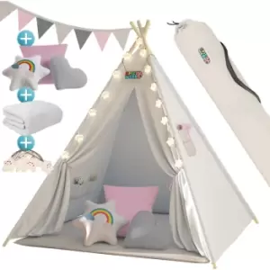 Spielwerk Childrens Teepee Tent Fairy Lights Kid's 2.5cm Floor Play Mat 3 Pillows Cotton Carry Bag Tipi Playhouse Indoor 120x120x160cm Wigwam Rose