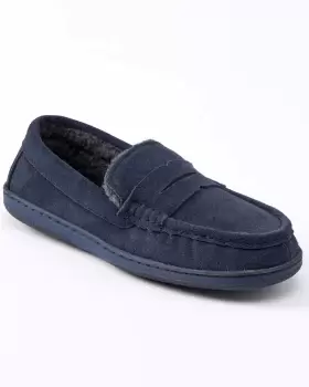 Cotton Traders Mens Suede Memory Foam Sherpa-Lined Moccasin Slippers in Blue