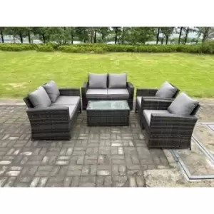 Fimous - 6 Seater Dark Grey Mixed High Back Rattan Sofa Set rectangular Coffee Table Garden Furniture Outdoor Patio