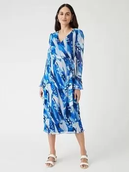 Wallis Abstract Belted Wrap Midi Dress - Blue Size 10, Women