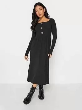 PixieGirl Petite Black Long Sleeve Rib Button Midaxi Dress, Black, Size 10, Women