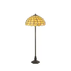 2 Light Octagonal Floor Lamp E27 With 50cm Tiffany Shade, Beige, Clear Crystal, Aged Antique Brass