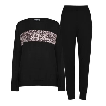 Linea Animal Print Top and Joggers Tracksuit Loungewear Co Ord Set - Black