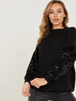 Quiz Black Knitted Sequin Sleeves Jumper - S
