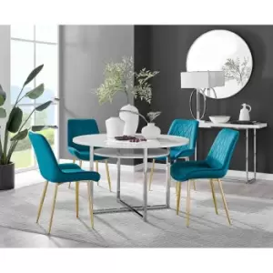 Furniture Box Adley White High Gloss Storage Dining Table and 4 Blue Pesaro Gold Leg Chairs
