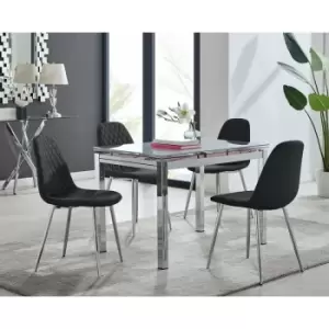 Enna White Glass Extending Dining Table and 4 Black Corona Faux Leather Dining Chairs with Silver Legs Diamond Stitch - Black