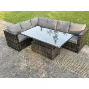 6 Seater pe Rattan Corner Sofa Set Rising Adjustable Dining Table Set With Seat And Back Cushion - Fimous