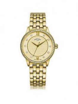 Rotary Exclusive Textured Champagne Swarovski Set Dial Gold Stainless Steel Bracelet Ladies Watch