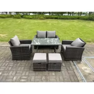 Fimous - 6 Seater Outdoor Dark Grey Mixed High Back Rattan Sofa Dining Table Set Garden Furniture 2 Stools