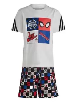 adidas Kids Disney Spiderman Short & Tee Set, White/Black, Size 9-10 Years