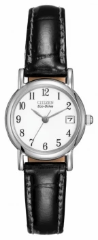Citizen Womens White Dial Black Leather Strap Eco-Drive Watch