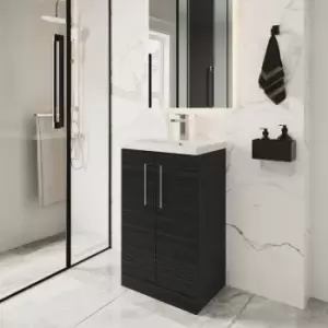 Arno Compact Floor Standing 2-Door Vanity Unit with Polymarble Basin 500mm Wide - Charcoal Black Woodgrain - Nuie