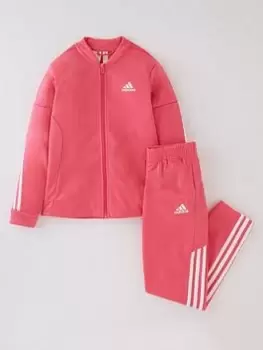 Adidas Junior Girls 3 Stripe Full Zip Tricot Tracksuit, Dark Pink, Size 11-12 Years, Women