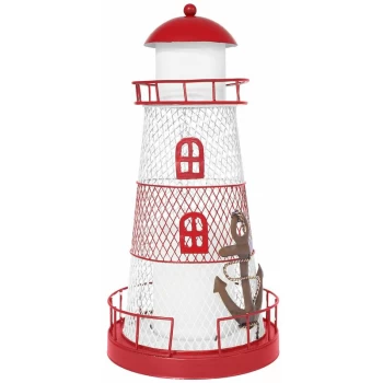 Metal Lighthouse with Solar Powered Candle Light / 33cm High / On-Off Switch / Unique Garden Decoration (Red and White) - Gardenkraft
