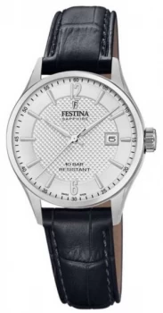 Festina Womens Swiss Made Black Leather Strap Silver Watch
