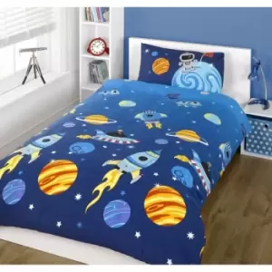 Rapport - Rocket Duvet Quilt Cover Single Bed Outer Space Ship Stars Ufo Bedding Set Blue