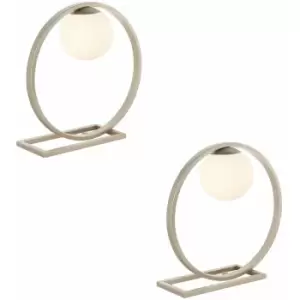 2 pack Brushed Silver Table Lamp - Gloss Opal Glass Shade - Circular Hoop Design