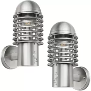 2 PACK IP44 Outdoor Wall Lamp Brushed Steel Caged Lantern PIR Move Porch Light
