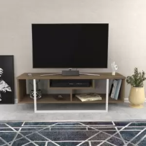 Decorotika - Asal 120 Cm Wide Modern tv Unit , industrial Metal tv Stand -Open Shelf Lowboard Up To 51 TVs - Walnut Pattern And White