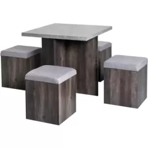 Dining Table w/ 4 Ottomans Seats Kitchen Home Furniture Set Modern Style - Grey, wood grain - Homcom