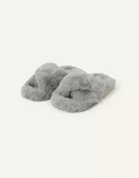 Accessorize Womens Faux Fur Crossover Sliders Grey, Size: M