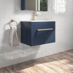 600mm Blue Wall Hung Vanity Unit with Basin and Brushed Brass Handle - Ashford