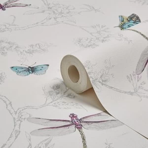 Graham & Brown Contour White Nature trail Silver effect Textured Wallpaper