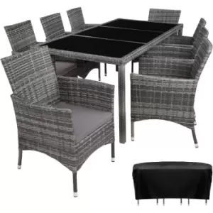 Rattan garden furniture set 8+1 with protective cover - garden tables and chairs, garden furniture set, outdoor table and chairs - mottled grey/grey