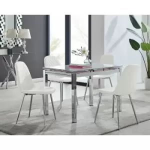 Enna White Glass Extending Dining Table and 4 White Corona Faux Leather Dining Chairs with Silver Legs Diamond Stitch - White