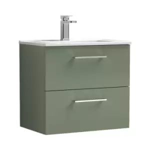 Arno Satin Green 600mm Wall Hung 2 Drawer Vanity Unit with 18mm Profile Basin - ARN824B - Satin Green - Nuie