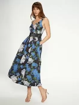 Oasis Floral Printed Lace Detail Midi Dress - Blue Size 14, Women